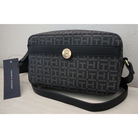 Tommy Hilfiger 69JA558-002 Black Monogram Logo PU Leather Crossbody Purse Bag$98 - Picture 7 of 11